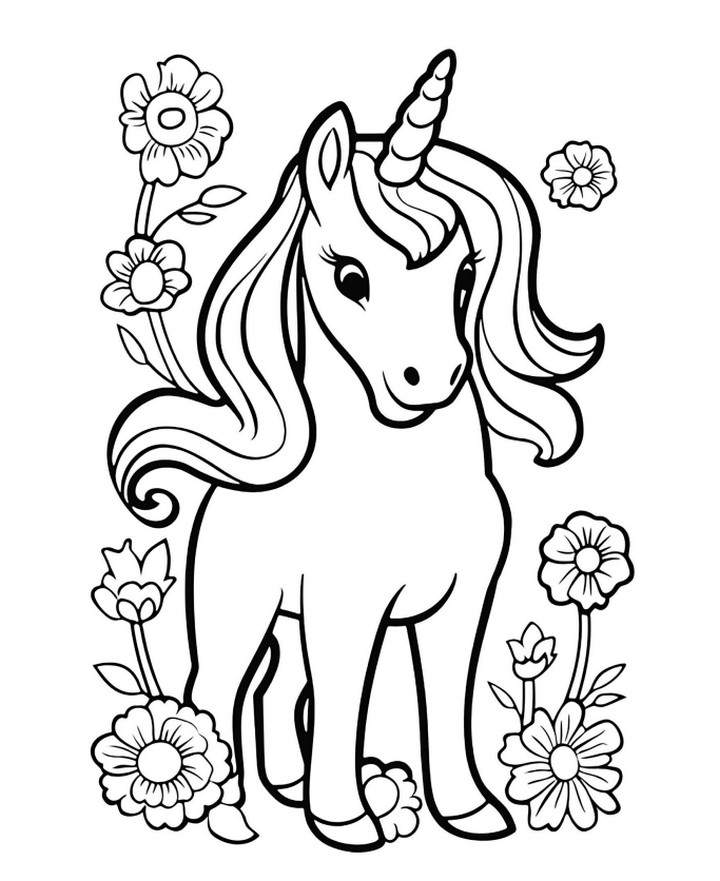 Unicorn and Flowers Page to Color
