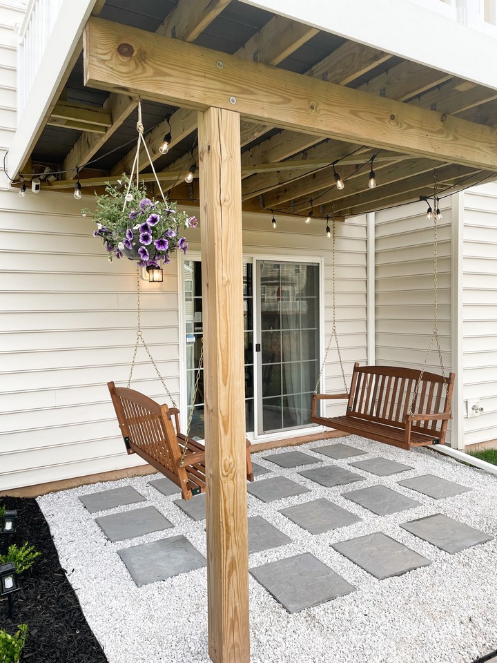 DIY Paver And Marble Gravel Patio With Mulch Beds & Porch Swings