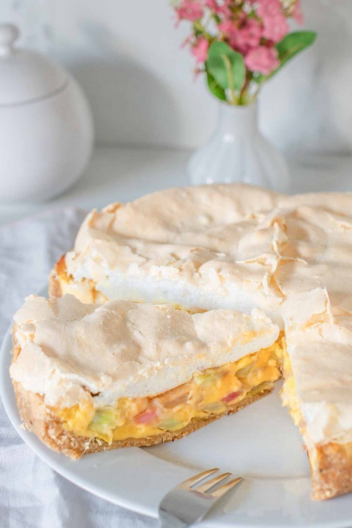German Rhubarb Sour Cream Custard Pie With Meringue