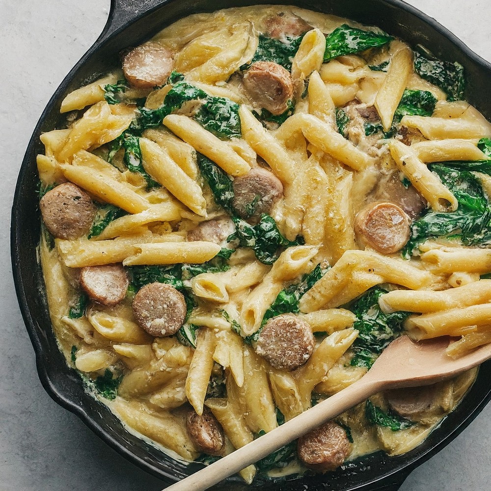 Creamy Garlic Sausage & Spinach Pasta Recipe