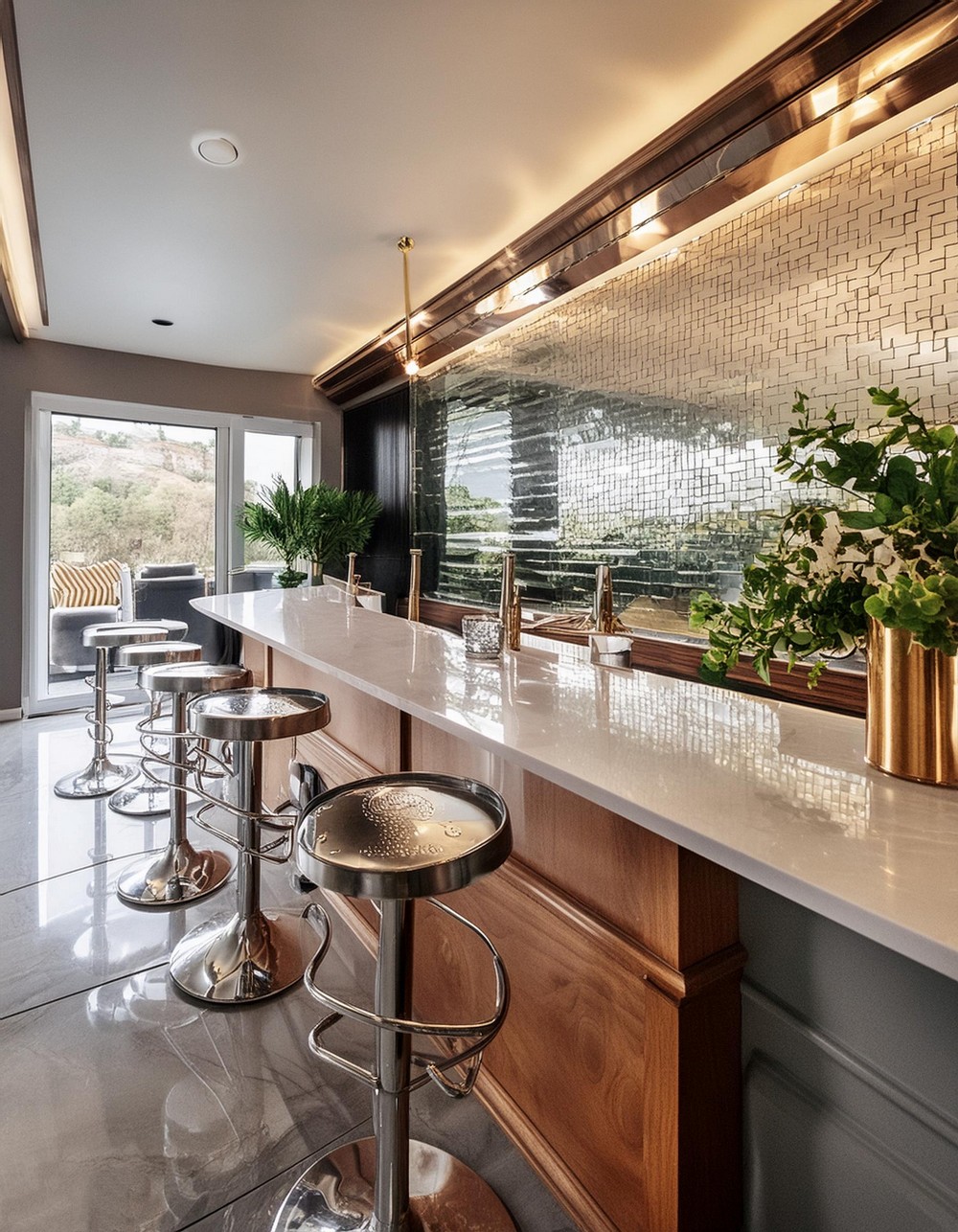 Basement Bar by adding a Mirrored Backsplash