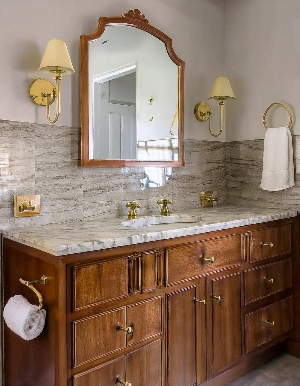 French Oak with Marble Top Bathroom Counter